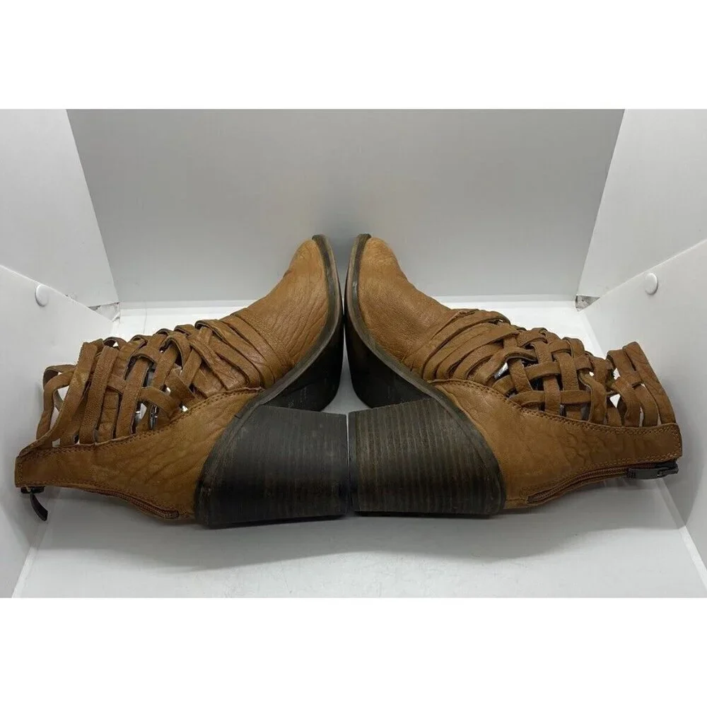 Free People Carrera Bootie Woven Ankle Boots Vintage Tan Leather Size 39 US 8.5